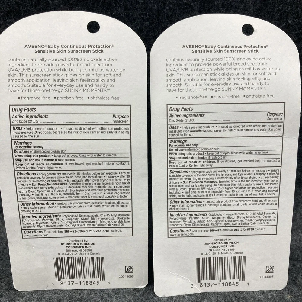 2 Pack Aveeno Baby Sensitive Skin Sunscreen Stick SPF 50 0.47oz Each Zinc Oxide